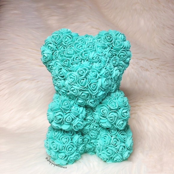 Handmade Forever Rose Bear Turquoise 20cm - Picture 2 of 5